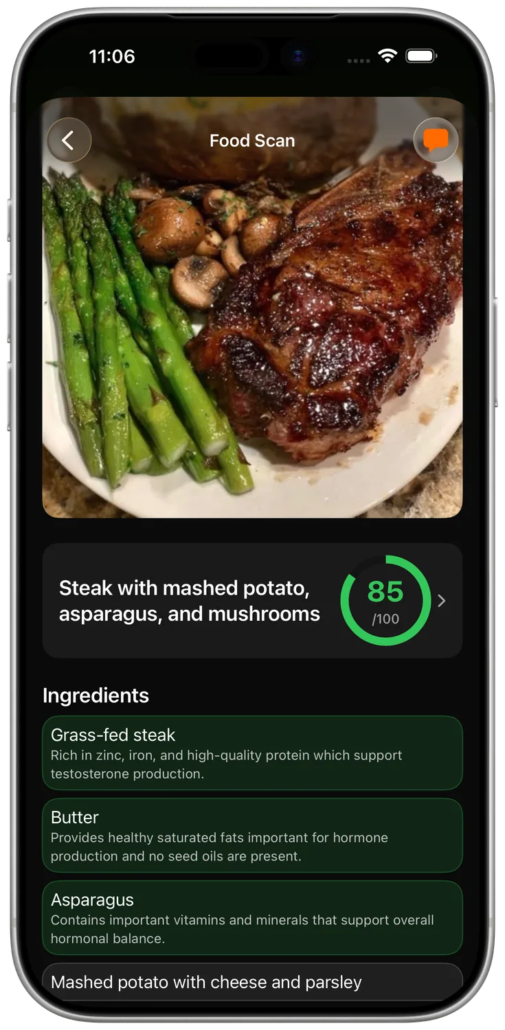 Food scan analyzing a meal with a health score and ingredient breakdown