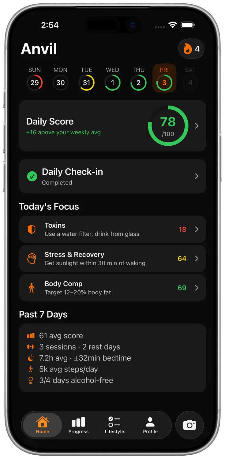 Anvil home screen showing a Daily Score of 78 and today's focus areas